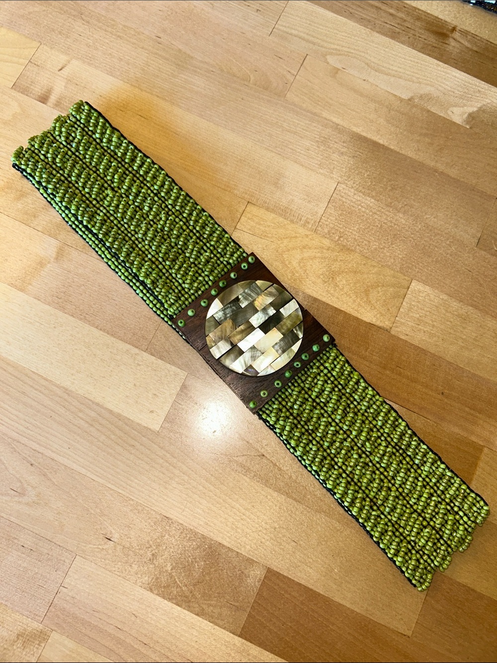 Beaded Green Statement Waist Belt with Mother-of-Pearl Accent